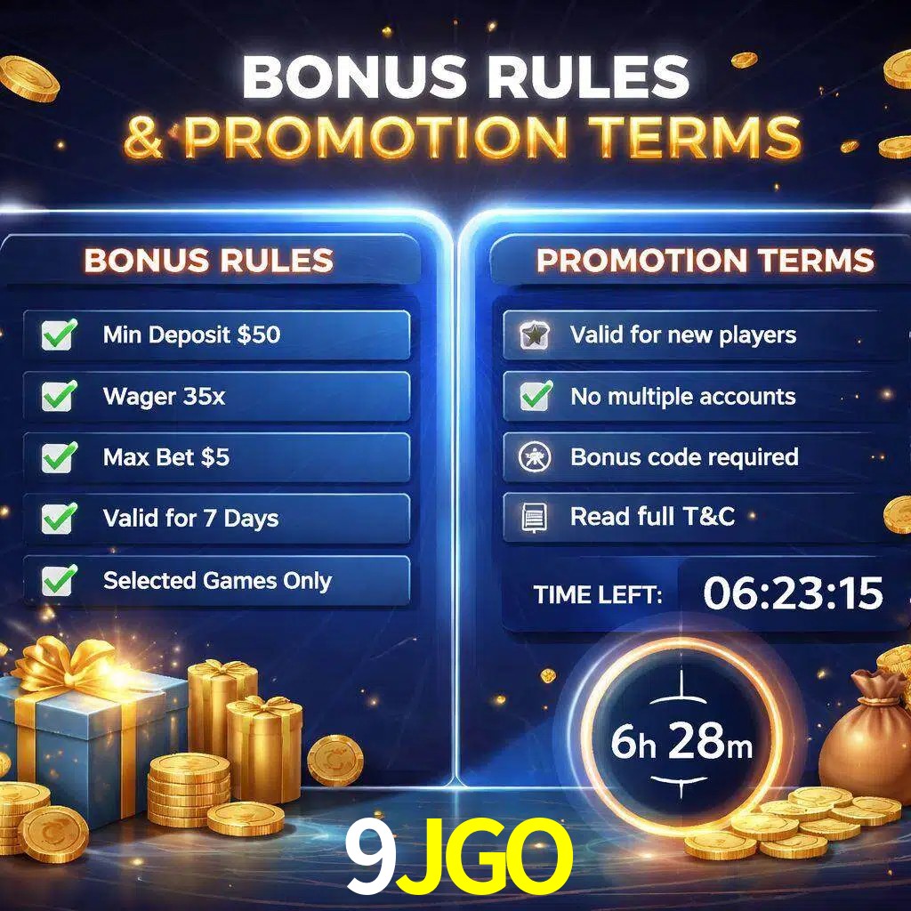 Reglas de promoción 9JGO y condiciones de bonos explicadas visualmente