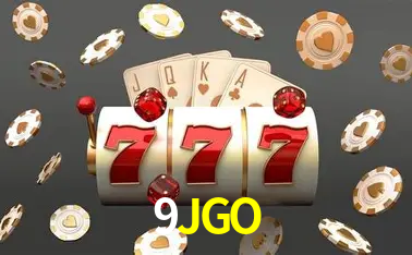 Una escena digital vívida inspirada en casino con 9JGO mostrado prominentemente, luces brillantes, fichas, cartas y acentos dorados.